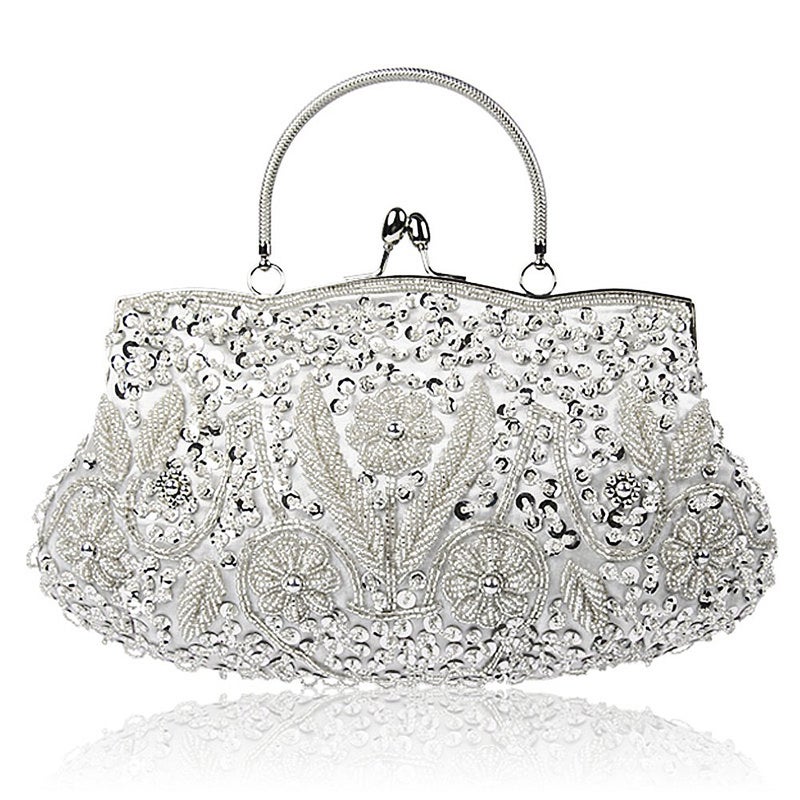 Simcat SSMY Beaded Sequin Design Flower Evening Purse Large, Silver, Size One Size - Image 1